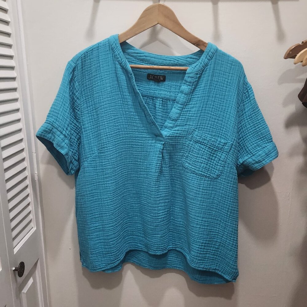 J.Crew Turquoise Blue Gauze Split-Neck Pocket Top - XXL